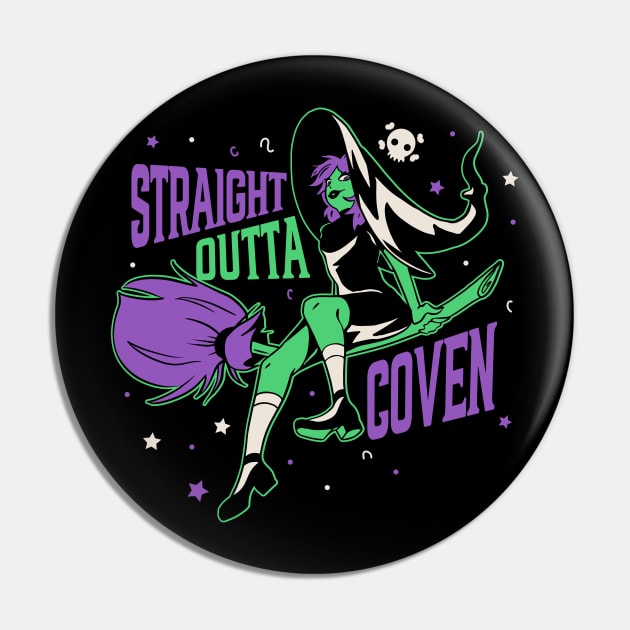 Straight Outta Coven // Funny Halloween Witch on Broomstick Pin by SLAG_Creative