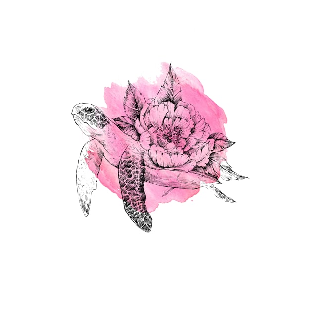 Turtle with peony by Lesja Gost art