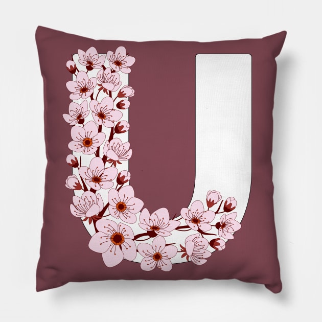 Colorful capital letter U patterned with sakura twig Pillow by Alina