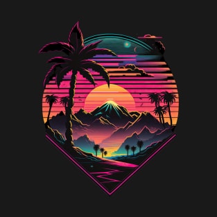 Synthwave 80s neon sunset mountain view T-Shirt