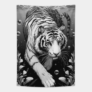 Monochromatic Tiger Diving Underwater Tapestry