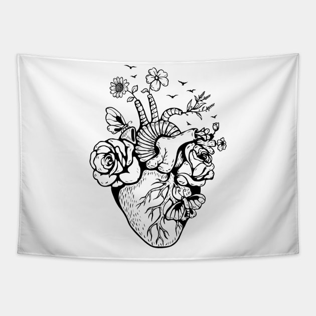 Anatomical Black and white heart witl flowers Tapestry by BlindVibes