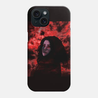 Beautiful girl with dark hair on dark red clouds background. Violet face, red eyes. Phone Case