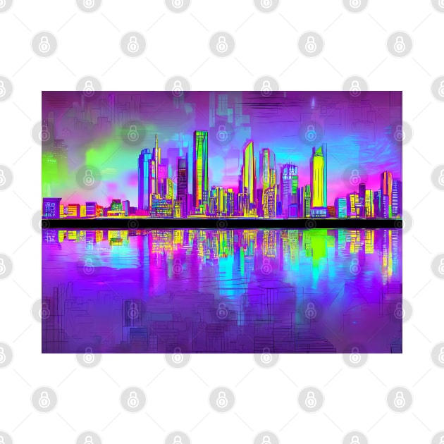 Neon cityscape across the water by Virtually River