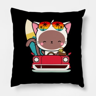 Funny white cat driving a car Pillow