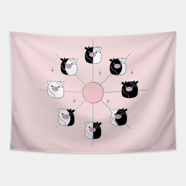 Kawaii Cow Phases of the Moon in Black, White and Pink Tapestry by YourGoods