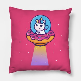 Cute unicorn riding donut ufo in space Pillow