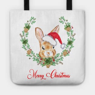 Merry christmas bunny in wreath Tote