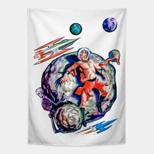 imaginative tales man chained next to a skeleton on a meteorite in space surrounded by spaceships and stars retro vintage comic book cover Tapestry