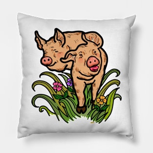 Happy smiling pig farm animal in nature. Pillow