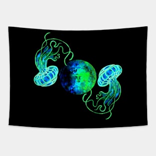 Turquoise Moon and Space Jellyfish Tapestry