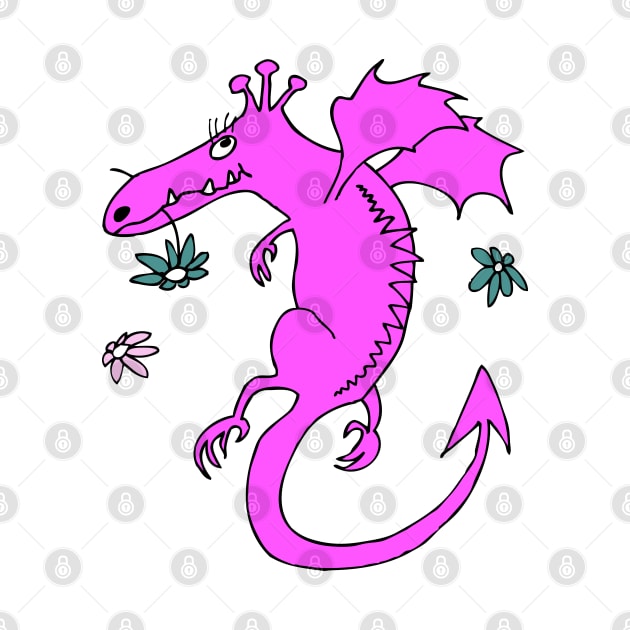 cute happy dragon in pink with flowers by kobyakov