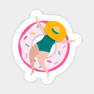 Lady with sunhat sleeping in the doughnut swimming ring Magnet