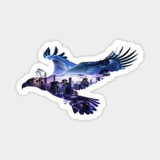 Flying eagle and night city double exposure Magnet