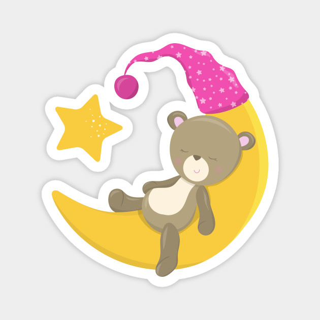 Cute Baby Bear Sleeping, Moon With Nightcap, Stars - Sleeping Bear - Magnet | TeePublic