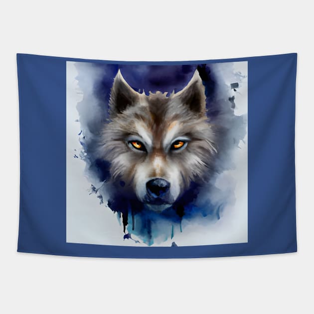 Menacing Wolf Face Watercolor Illustration Tapestry by Chance Two Designs