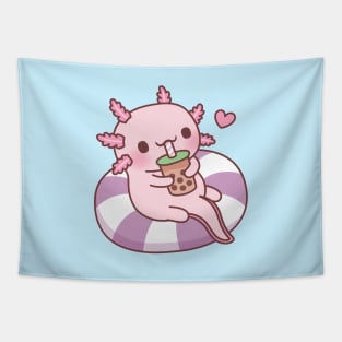 Cute Axolotl Chilling On Pool Float Drinking Boba Tea Tapestry