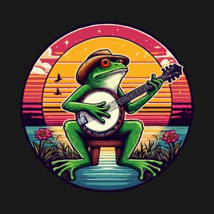 Frog Playing Banjo, Retro Sunset T-Shirt