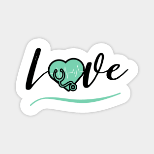 Love medicine black text design with green heart stethoscope and heartbeat Magnet