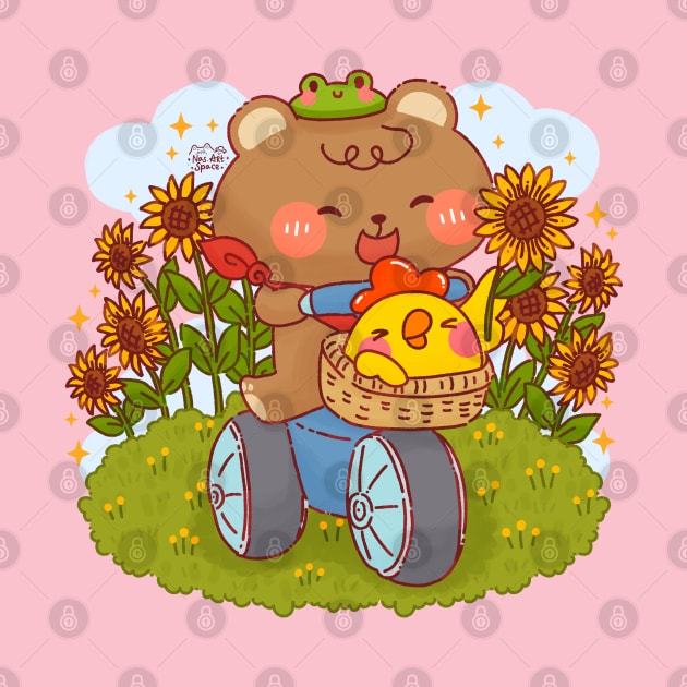 Cute Bear Cycling in Sunflower Field by Nas.ArtSpace