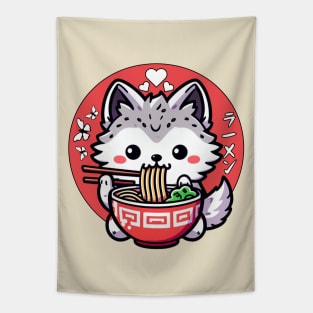 Wolf Eating Ramen Cute kawaii Inu Tapestry