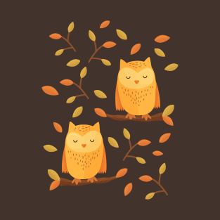 Cute Sleeping Owls in Autumn 🦉 T-Shirt