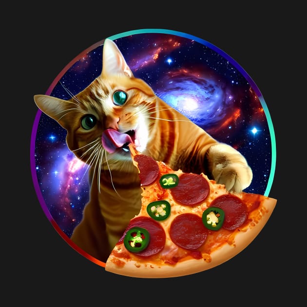 Funny Orange Cat eating Pizza in Space by dukito