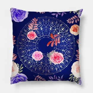 Spring Mandalas and Roses China Blue Pillow