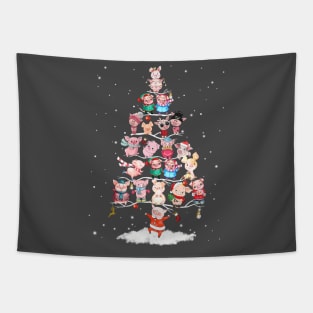 Winter Pig Tree Snow Merry Christmas. Tapestry