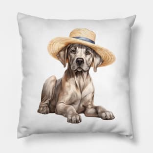 Watercolor Great Dane Dog in Straw Hat Pillow