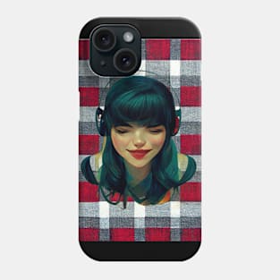 Girl listening to her music on headphones on a plaid background. Phone Case