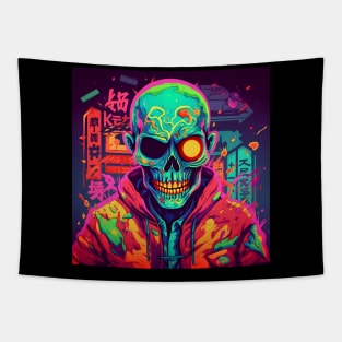 Korean Zombie man with skull in neon lights Tapestry