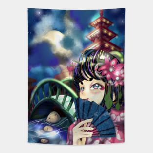 Anime Girl in Kimono on a Summer Night Tapestry