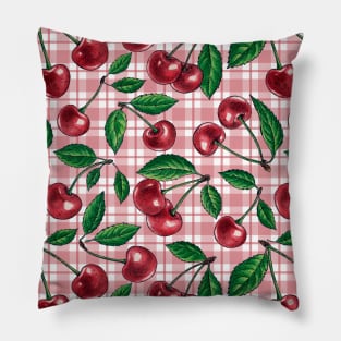 Red cherries on pink gingham Pillow