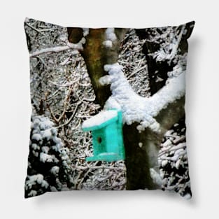 Turquoise Birdhouse in Winter Pillow