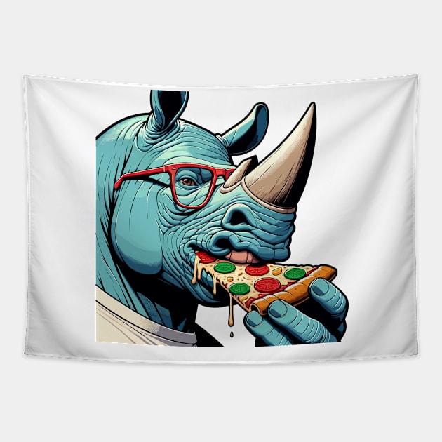 Blue rhino enjoy eating pizza Tapestry by TimeWarpWildlife