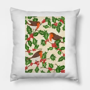 Three little paper cut robins on a holly bush Pillow