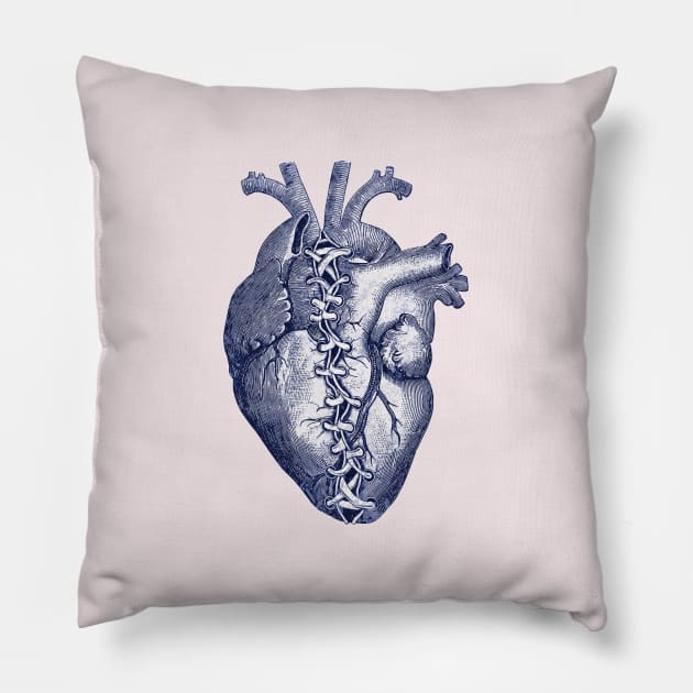 Blue Broken heart, Human heart illustration art, laces, tied heart, sewn heart Pillow by Collagedream