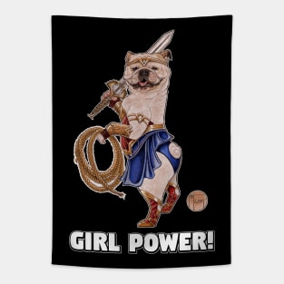 Bulldog - Girl Power - Quote - White Outlined Version Tapestry