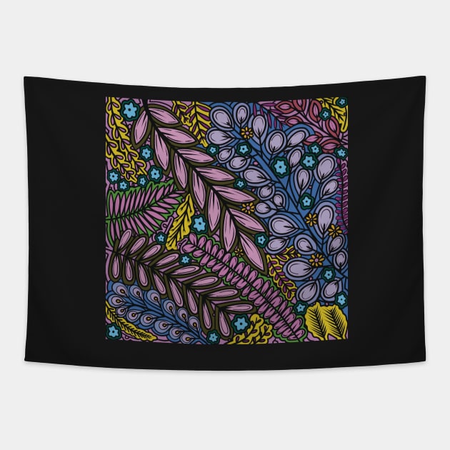 Lovely Leafy Layers - Purple, Blue, and Yellow - Digitally Illustrated Flower Pattern for Home Decor, Clothing Fabric, Curtains, Bedding, Pillows, Upholstery, Phone Cases and Stationary Tapestry by cherdoodles