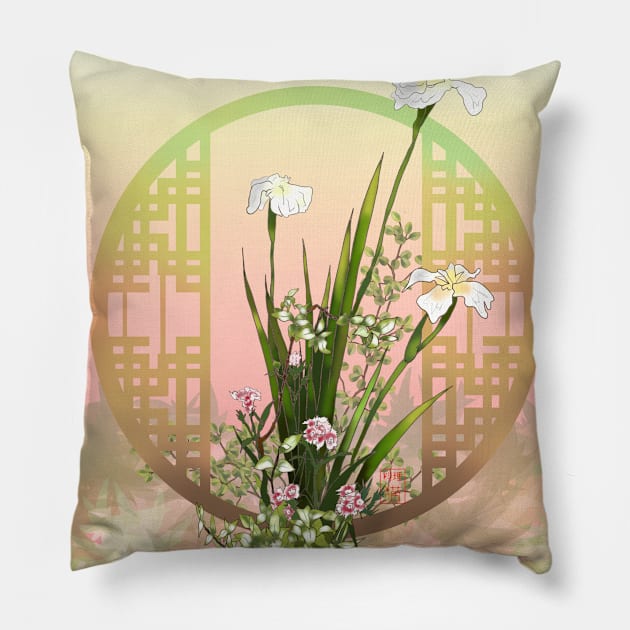 Pretty watercolor irises with a chinese lattice Pillow by cuisinecat