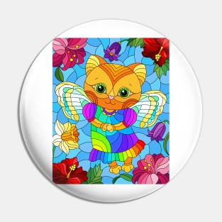 Angel Cat In Flower Garden Stained Glass Pattern Design Pin