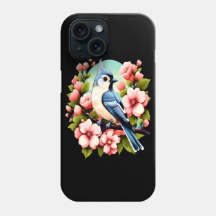 Cute Tufted Titmouse Surrounded by Vibrant Spring Flowers Phone Case