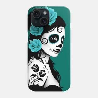 Teal Blue Day of the Dead Sugar Skull Girl Phone Case