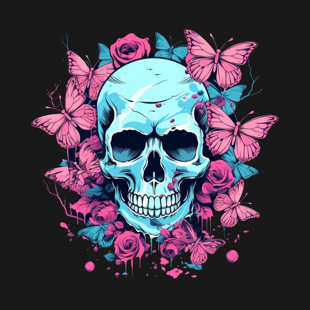 Butterfly Skull with Flowers and Pink Roses by TOKEBI