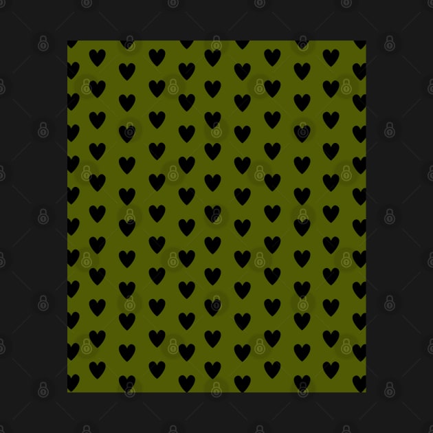 Black Hearts, Polka Dots, Pattern on Olive Green by OneThreeSix