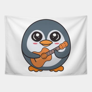 Adorable Penguin Playing Acoustic Guitar Cartoon Tapestry