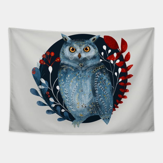 Nordic Folk Art Owl, Woodland Animals Folk Art Tapestry by Coralgb