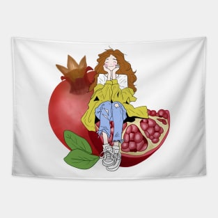 A Little Girl Sitting on Giant Colorful Fruits Tapestry