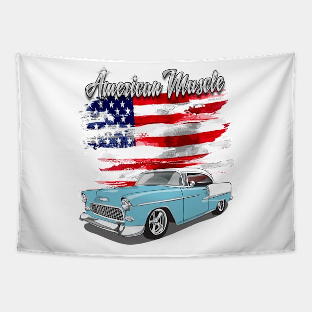 1955 Skyline Blue Chevy Bel Air American Muscle Print Tapestry by RPM-ART